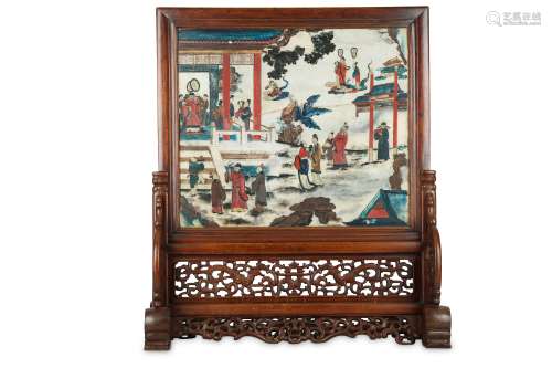 A CHINESE PAINTED DREAMSTONE TABLE SCREEN.
