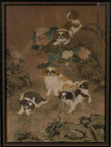 Chinese Painting of 4 Dogs on Silk, 18-19th Century