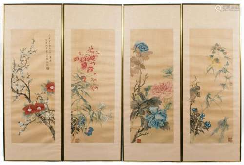 Set of 4 Flower Paintings on Silk, Shen Yun