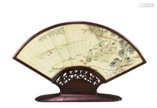 Chinese Fan Calligraphy in Hardwood Frame & Stand