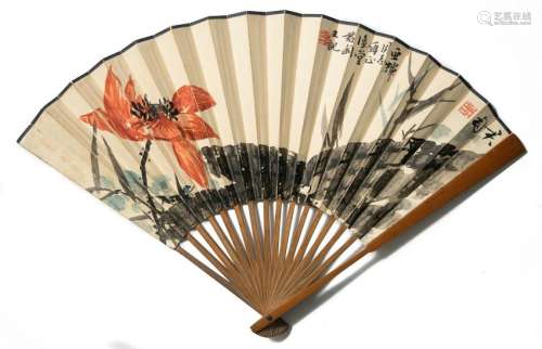 Chinese Fan with Lotus Painting, Qian Juntao