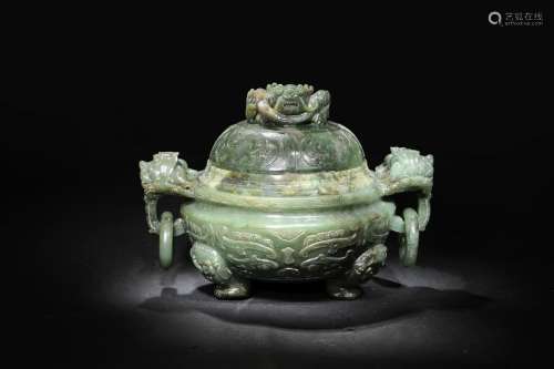 Chinese Spinach Jade Carved Censer, Qianlong