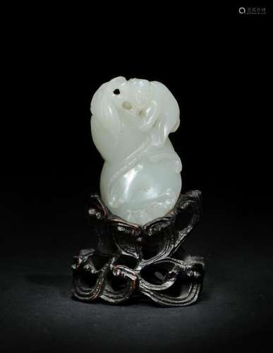 White Jade Carved Gourd with Monkey, 19th Century