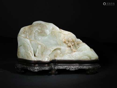 Jade Carved Boulder with Zitan Stand, 18th Century