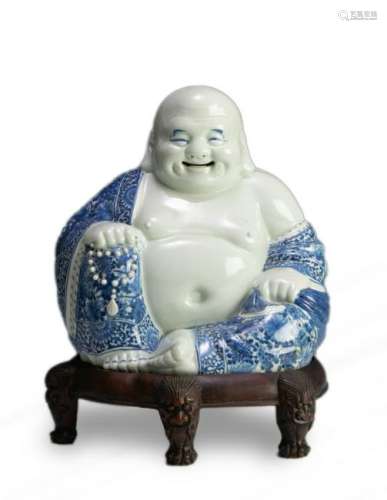Chinese Blue & White Porcelain Budai with Wood Base