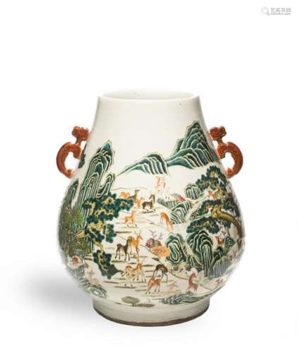 Famille Rose Hundred Deer Vase, Late 19th Century