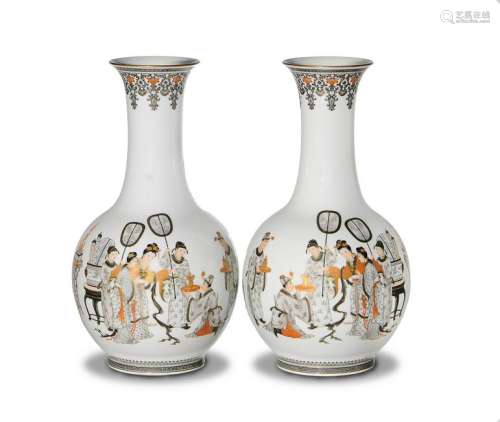 Pair of Famille Rose Vases with 7 Figures, 1950s