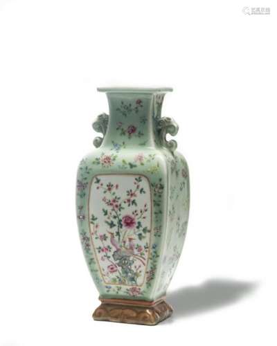 Celadon Square Vase with Famille Rose Flowers