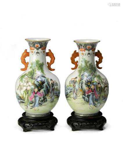 Pair of Famille Rose Vases with Handles, Republic