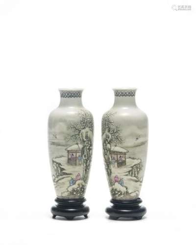 Pair of Egg Shell Porcelain Vases with Snow Scene