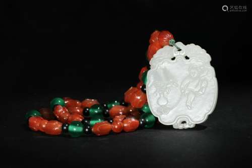 Chinese White Jade Xi Plaque Necklace, 18th Century