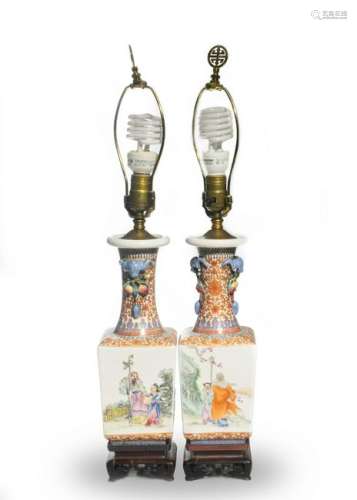 Pair of Chinese Famille Rose Square Vases, 19th Century