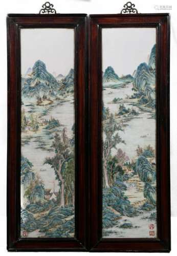 Pair of Porcelain Landscape Plaques, Wang Yeting
