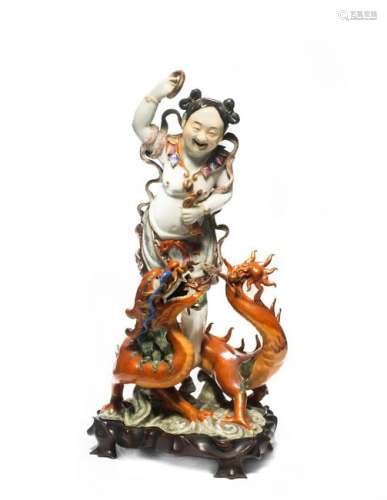 Chinese Famille Rose Statue of Nezha & Dragon