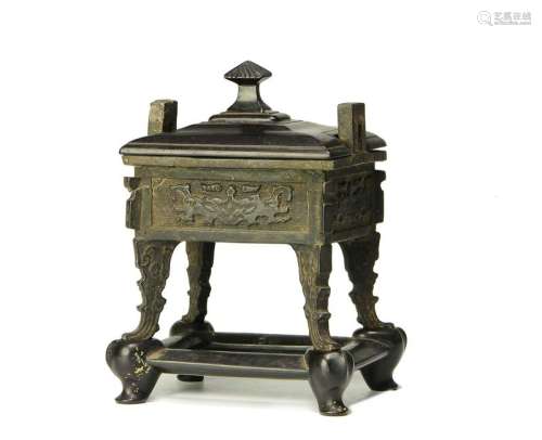 Bronze Ding Censer with Stand & Cover, 17/18th Century