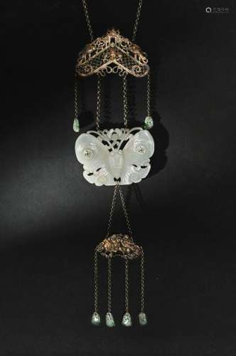 Chinese Silver Necklace with Jade Plaque, 19th Century