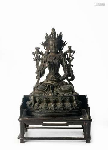 Chinese Bronze Buddha with Wood Base, Ming Dynasty