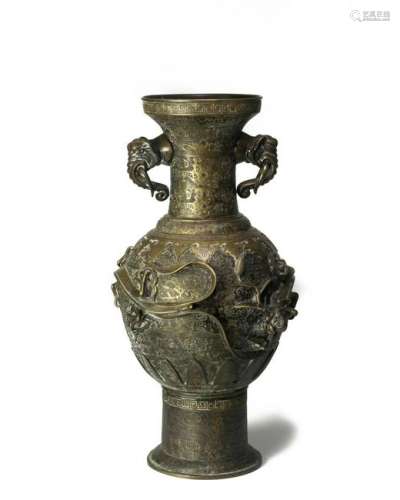 Bronze Vase with Elephant Handles & Chilong, 18th
