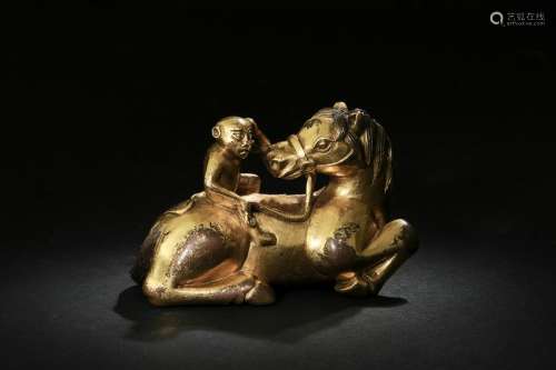 Gilt Bronze Statue of Monkey on a Horse, Ming