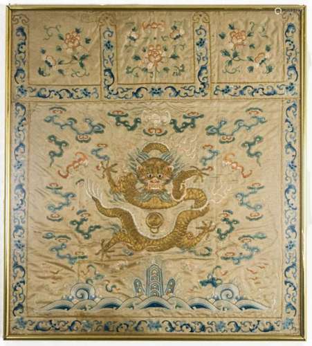 Chinese Silk Embroidered Dragon Panel, Qing