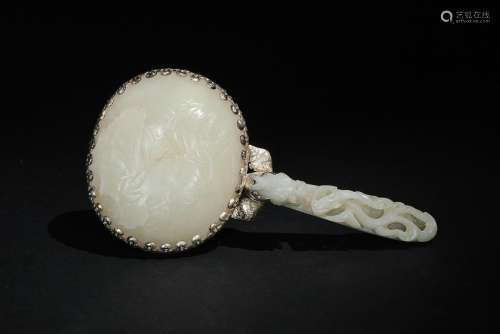 Chinese Hand Mirror with White Jade Plaque & Hook