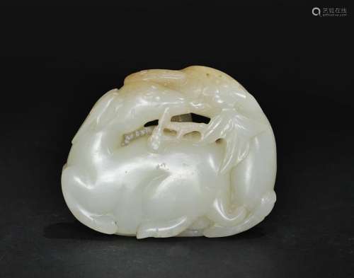 Chinese White Jade Deer & Lingzhi Carving, 18th Century