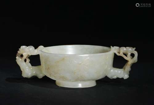 Chinese White Jade Carved Double Handled Cup, Ming