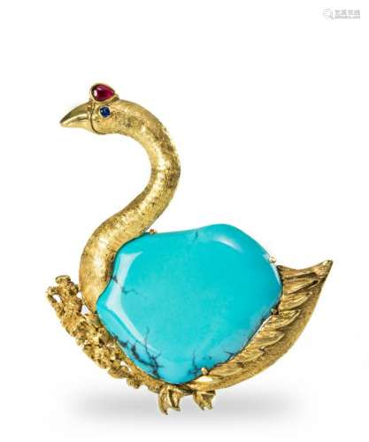 Chinese 14K Goose Brooch with Turquoise