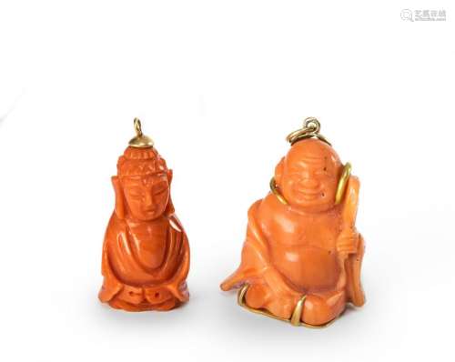 Two Coral Carved Buddha Pendants, 19th Century