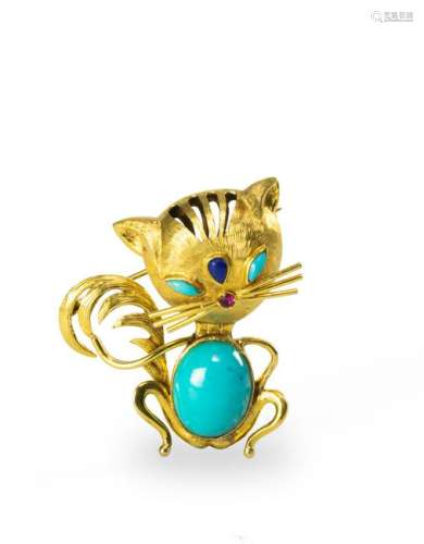 Chinese Cat 14K Brooch with Turquoise