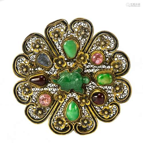 Chinese Gilt Silver Brooch with Precious Stones