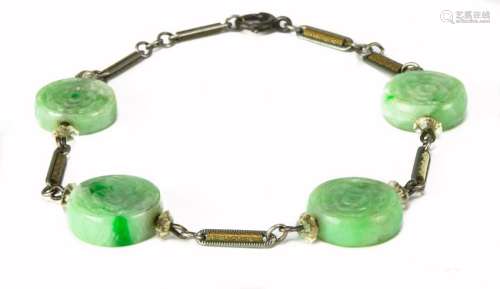 Chinese Silver Bracelet with 4 Jadeite Beads