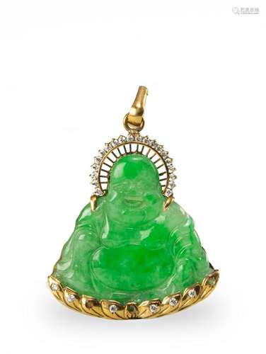 Chinese Jadeite & 18K Budai Pendant, Early 20th Century