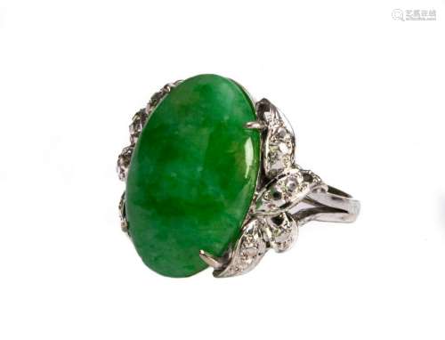 White Gold Ring with Jadeite and Small Diamonds