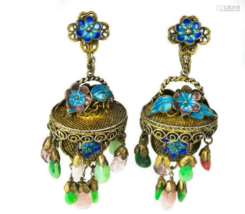 Pair of Chinese Silver Enameled Earrings