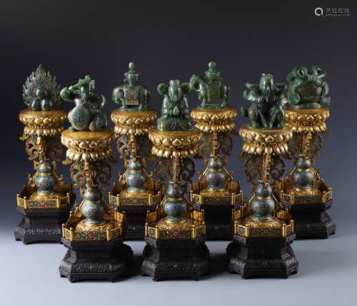 Seven Chinese Cloisonne Spinach Jade  and Zitan Stand