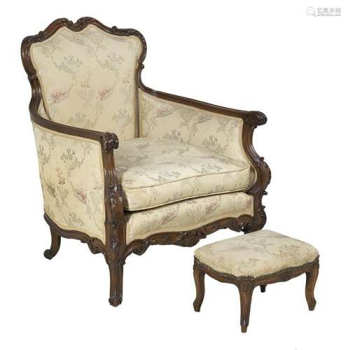 Louis XV-Style Beechwood Bergere and Stool