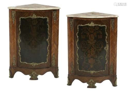 Pair of Regence-Style Marble-Top Corner Cabinets