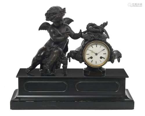 French Bronze and Marble Figural Mantel Clock