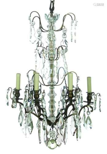 French Patinated Bronze and Crystal Chandelier