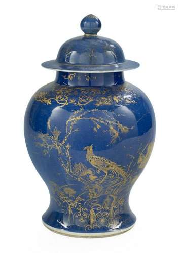 Chinese Blue and Gilt Porcelain Covered Urn