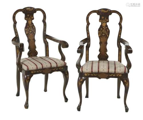 Pair of Dutch-Style Marquetry-Inlaid Armchairs