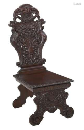 Neo-Renaissance Carved Walnut Hall Chair