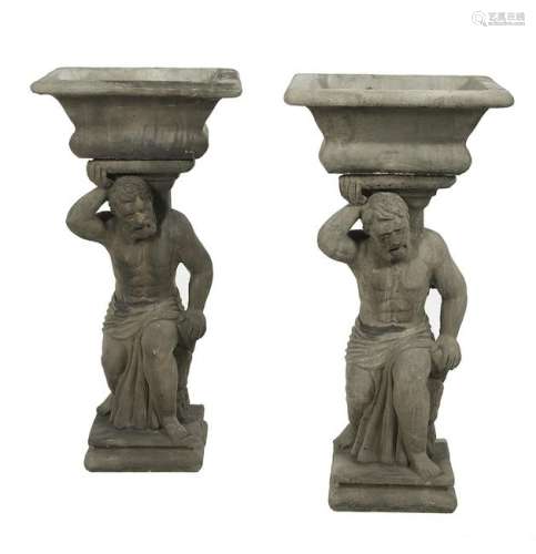 Pair of Cast Stone Figural Pedestal Jardinieres