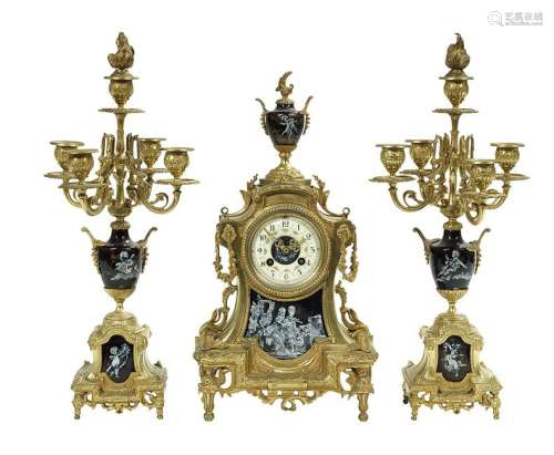 French Gilt-Bronze and Enamel Clock Set