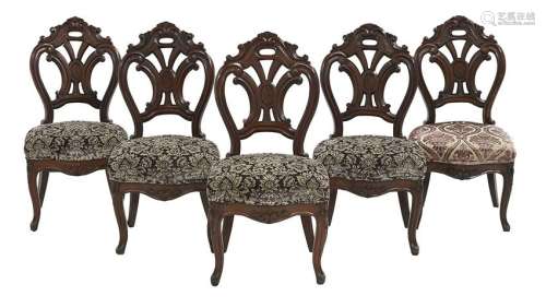 Suite of Five Continental Walnut Dining Chairs