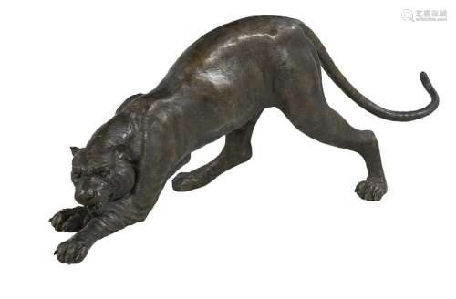 Large French Patinated Bronze of a Cougar