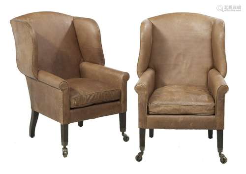 Pair of Leather and Oak Wing Chairs