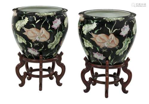 Pair of Chinese Famille Noir Porcelain Fishbowls