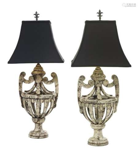 Unusual Pair of Painted Wooden Strapwork Lamps
